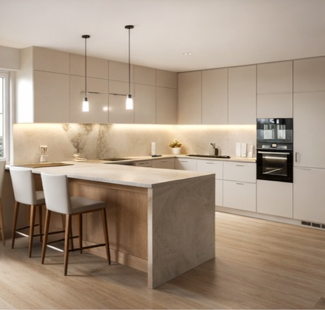 Kuchyně s ostrůvkem a barovým sezením (U + ostrov)